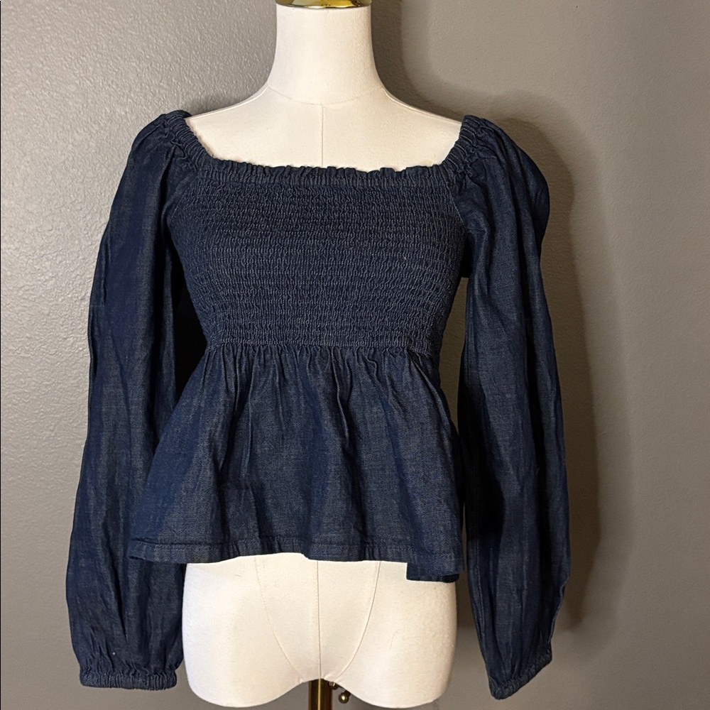 J.Crew Chambray Smocked Peplum Blouse Square Neck Balloon Sleeve Top NWOT